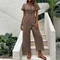Elegante tuta marrone a maniche corte con scollo a V e gamba larga per l'estate calda - Marrone Mocha