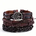 Vintage layered leather bracelet set for men featuring a silver tree of life charm - S2003-3 Wilderness Tree Whisper