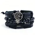 Handmade multilayer black leather bracelet set for men featuring tree of life charm - S2003-5 Dark Night Life