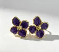 Vintage-inspired purple enamel four-petal flower stud earrings with a gold-plated finish - Purple
