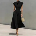 Elegant black stand collar short sleeve maxi dress with high waist and hidden pockets - 3XL / Top And Bottom / Black