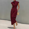 Elegantes burgunderrotes Maxikleid mit hohem Bund, Stehkragen und modischen Kappenärmeln - Rot / 3XL