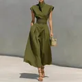 Elegantes olivgrünes Maxikleid für Damen mit Stehkragen, kurzem Arm und hoher Taille - Grün / 3XL