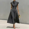 Elegant dark grey stand collar midi dress featuring a high waist and pleated flared skirt. - 3XL / Tops / Gray