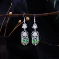 Ethnic Miao silver style feather tassel drop earrings with colorful enamel accents - Miao Silver Style Painted Feather Tassel Style (E9241)