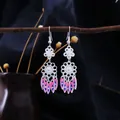 Ethnic style long tassel earrings with pink and blue feather charms in silver finish - Imitation Miao Silver Pink/Blue Epoxy Feather Tassel Style (E9242)