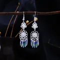 Ethnic style long silver feather tassel earrings with blue and green enamel details - Imitation Miao Silver Blue/Green Glaze Feather Tassel Style (E9243)