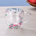 Elegante doppelwandige Tasse aus Borosilikatglas mit bunten echten Trockenblumen - 250ml-Blau und Rosa Trockenblumen (Style-2)