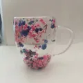 Elegant double-walled borosilicate glass mug with pink and blue dried flowers - 350ml-Pink and Blue Dried Flower Decoration (Style-14)