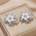 Elegant floral stud earrings with five white pearls and shimmering silver rhinestones - Pearl Flower Cluster Style / Pearl Silver