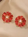 Elegant red flower stud earrings with pearl center and gold-toned finish for women - Enamel Flower Style / Red