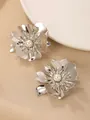 Elegant silver flower shaped stud earrings with central white pearl and polished metallic finish - 3D Flower Style with Artificial Pearl / Silver