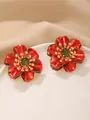 Exquisite red enamel flower stud earrings featuring a green crystal center stone. - Red Green Contrast
