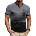 Men's slim fit grey and black striped color-block Henley neck short sleeve Polo shirt - Dark Gray