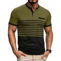 Athletic fit men's olive green and black color-block striped short-sleeved polo shirt - Army Green
