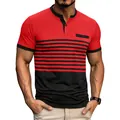 Stylish men's short sleeve polo shirt featuring red and black color-block with stripes - Red