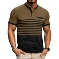 Casual men's slim fit color-block striped short sleeve polo shirt in brown and black - Dark Brown