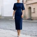 Elegant navy blue boat neck sheath dress with butterfly sleeves for summer office wear - 3XL / Navy Blue