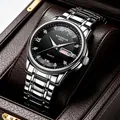 Elegant men's stainless steel watch featuring a black dial, day-date display and Roman numerals. - Silver Strap Black Dial