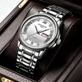 Elegant men's silver steel watch with day-date display and Roman numeral indices - Silver Band White Dial