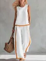 Fashionable summer two-piece sleeveless white set with orange piping and wide-leg pants - S / White