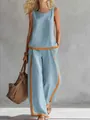 Detail view of light blue linen sleeveless top and wide-leg pants set with orange trim - S / Light Blue