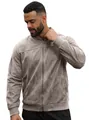 Stylish men's taupe suede zipper bomber jacket with a slim fit and stand collar - S / Khaki