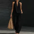 Elegant black linen halter top and wide-leg trousers two-piece summer set for women - 3XL / Black