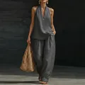 Elegant dark grey sleeveless halter top and wide-leg trousers linen set for women - 3XL / Gray