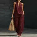 Elegante set due pezzi bordeaux con top a lupetto e pantaloni larghi in tessuto di lino - 3XL / Borgogna