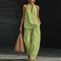 Fashionable lime green sleeveless halter top and wide-leg pants set for summer look - 3XL / Green