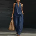 Elegant navy blue linen two-piece set featuring a halter top and flowy wide-leg trousers - 3XL / Dark Blue