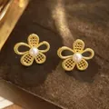Elegant 18K gold-plated flower stud earrings featuring central white pearls and mesh petals. - No.22 Gold Flower Style (XXX7194-1)