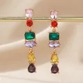 Vibrant multicolored gemstone dangle earrings with gold finish and vintage ethnic design - Geometric Patchwork (Colorful Gemstones)