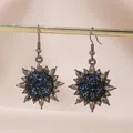 Classical gun-black alloy sunflower drop earrings with sparkling blue and black rhinestones - Round Sunflower (Blue-Black Rhinestones)