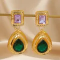 Elegant vintage gold plated teardrop earrings featuring purple and green crystals for women - Large Waterdrop (Purple-Green Gem Color)