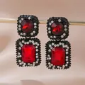 Vintage red crystal drop earrings in gun black alloy with sparkling rhinestone details - Rectangular Dangle (Red-White Rhinestones)