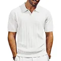 Close-up of men's white vertical striped knit polo shirt with V-neck design - S / White