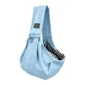 Side view detail of a light blue pet sling carrier for cats with black logo label - Light Blue