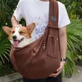 Comfortable brown cotton pet sling carrier for small dogs and cats outdoor travel - With Pockets / Coffee