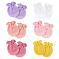 Soft cotton newborn baby anti-scratch mittens available in multiple solid colors - One Size / 6 Pairs Set B (Purple/Shrimp Pink/Dk Pink/White/Pink/Yellow) / Elastic Cuff (0-1 Year)