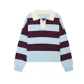 Close-up of a blue and maroon striped knit sweater with a cream polo collar - S / Blue and Brown Striped