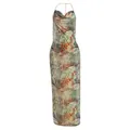 Elegante vestido largo con cuello halter y estampado tropical, con escote fluido y espalda. - Verde / L