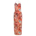 Vestido largo elegante con cuello halter, estampado abstracto vibrante y diseño ajustado. - Naranja / S