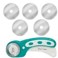 Professional 45mm rotary cutter set with ergonomic teal handle and 5 steel blades - 1 Handle + 5 Blades / Green
