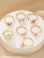 Lot de 7 bagues ajustables mignonnes pour enfants avec motifs papillon et fleur - Style Marguerite Papillon