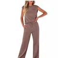 Casual brown two-piece loungewear set with wide-leg pants and pocket tee - 3XL / Brown