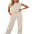 Casual beige two-piece lounge set with sleeveless pocket top and wide-leg drawstring pants. - 3XL / Beige