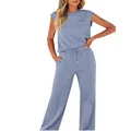 Casual two-piece loungewear set in periwinkle blue with short sleeves and wide-leg trousers - 3XL / Light Blue