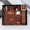Premium men's gift set featuring brown aviator sunglasses, quartz watch, wallet and leather belt - Gift Box / 6-Piece Coffee Set (Wallet + Watch + Belt + Keychain + Sunglasses + Gift Box)
